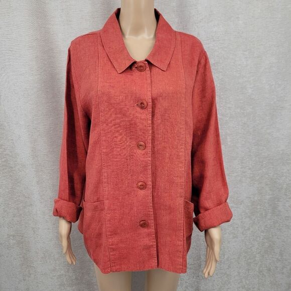 FLAX Linen Orangey Red Rust Button Up Jacket Schaket With Pockets - Picture 1 of 11